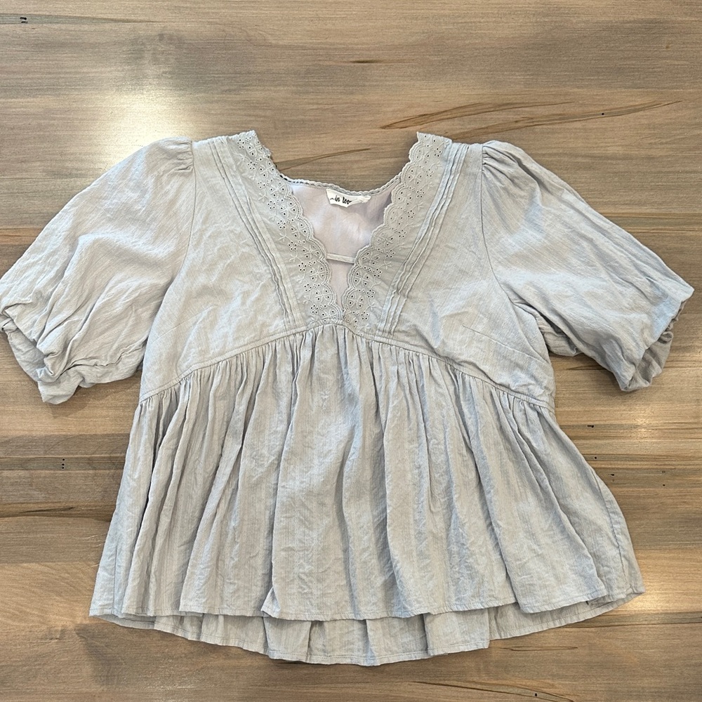 In Bloom Light Gray Puff Sleeve Eyelet Peplum Blouse